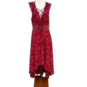 Willow Clay Scarlet Red Floral High-Low Midi Dress Lace-Up Ruffle‎ Peasant M NEW
